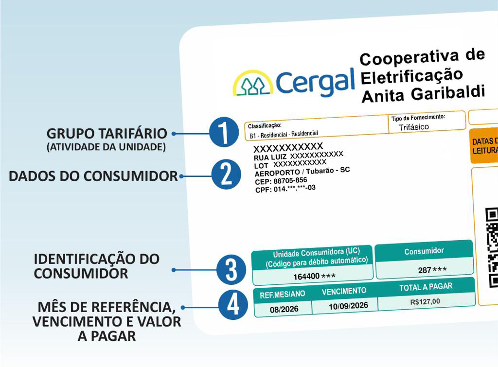 Campos 1 a 4 do topo da fatura Cergal