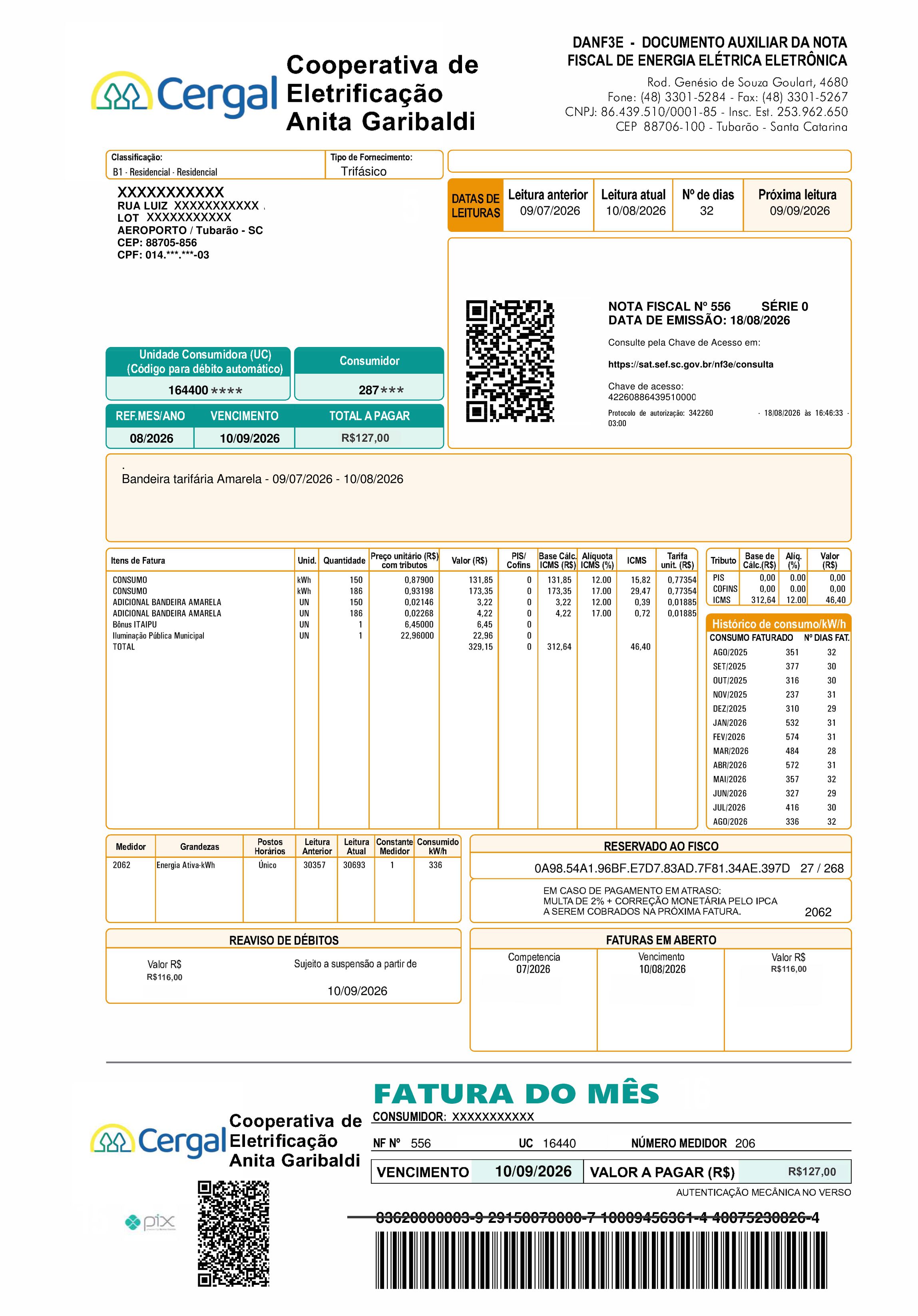 Visão geral da fatura Cergal com 18 campos numerados